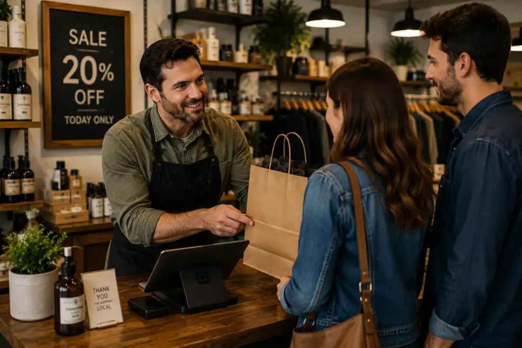 Shopkeeper in an apron hands a brown paper bag to two customers at a store counter during a 20% off sale sign in the background.