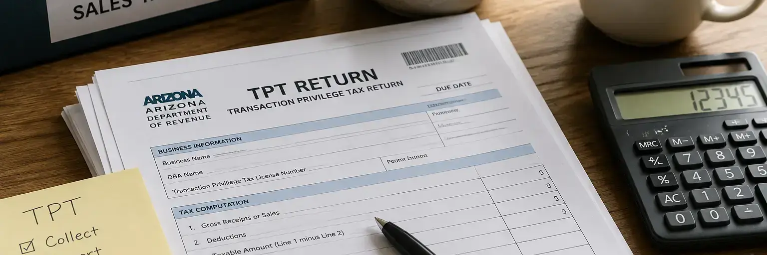 Tax return form (TPT) on a desk with a pen, calculator, coffee mug, plant, and binder labeled Sales Tax/TPT for Arizona.