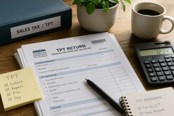 Tax return form (TPT) on a desk with a pen, calculator, coffee mug, plant, and binder labeled Sales Tax/TPT for Arizona.