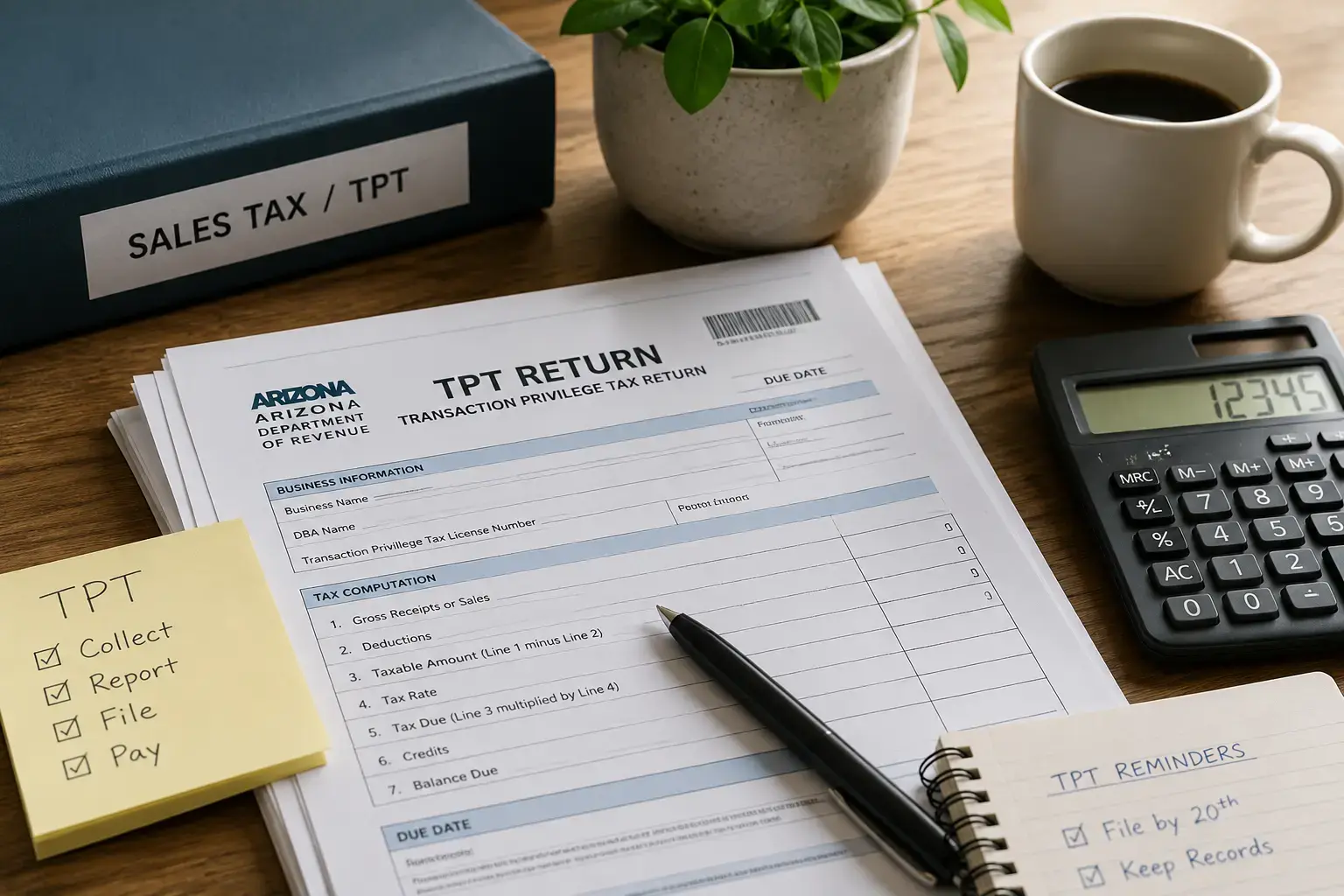 Tax return form (TPT) on a desk with a pen, calculator, coffee mug, plant, and binder labeled Sales Tax/TPT for Arizona.