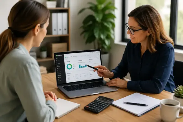 Two coworkers discuss analytics on a laptop showing charts and graphs in an office setting in a meeting scene.