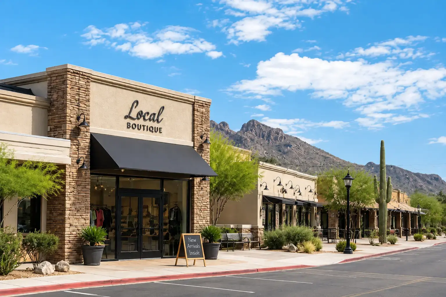 Front of a small shopping plaza with a stone Local Boutique storefront under a black awning, desert landscaping, and mountains in the background.