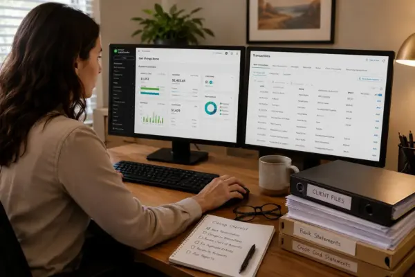 Person seated at a wooden desk using a dual-monitor setup displaying financial dashboards and charts.