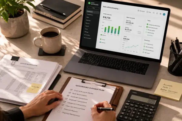 Workspace with a laptop showing a QuickBooks dashboard, a coffee mug, plant, and financial documents on a desk