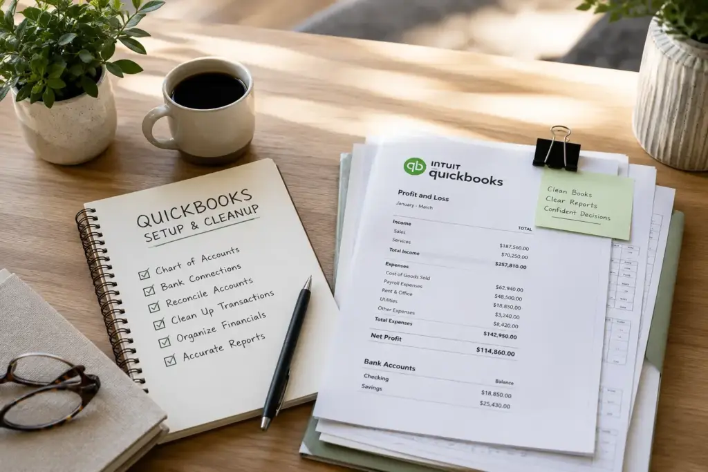 Notebook titled 'QuickBooks Setup & Cleanup' with a checklist and a pen on a wooden desk next to a coffee mug and glasses. A stack of QuickBooks documents is clipped with a binder clip nearby, with potted plants in the background.