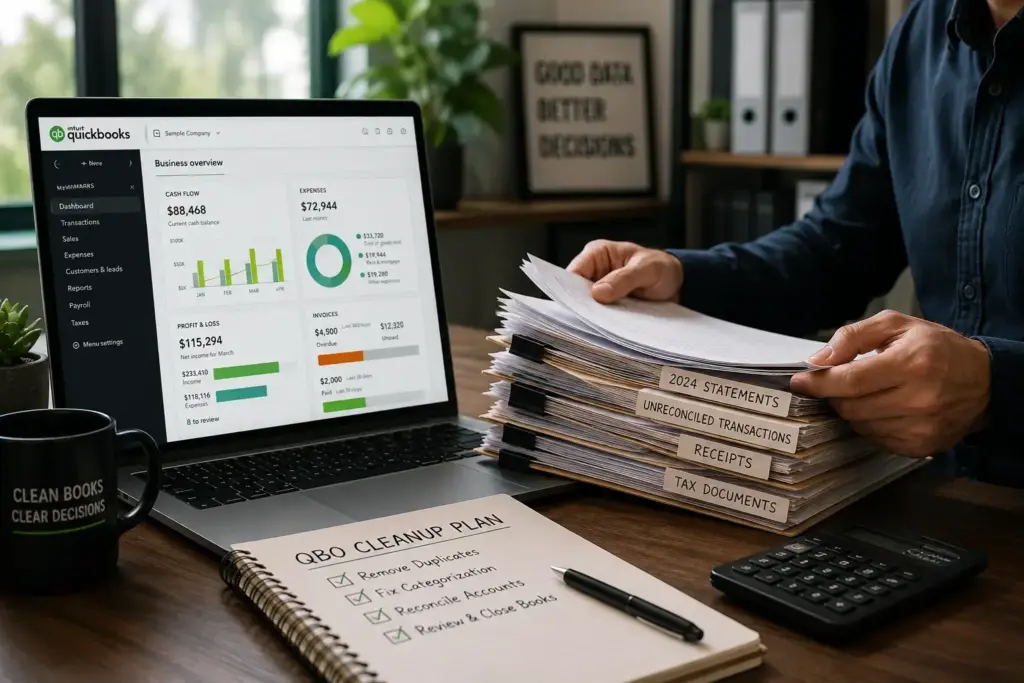 Person stacks labeled financial papers beside a laptop showing a QuickBooks dashboard on screen.