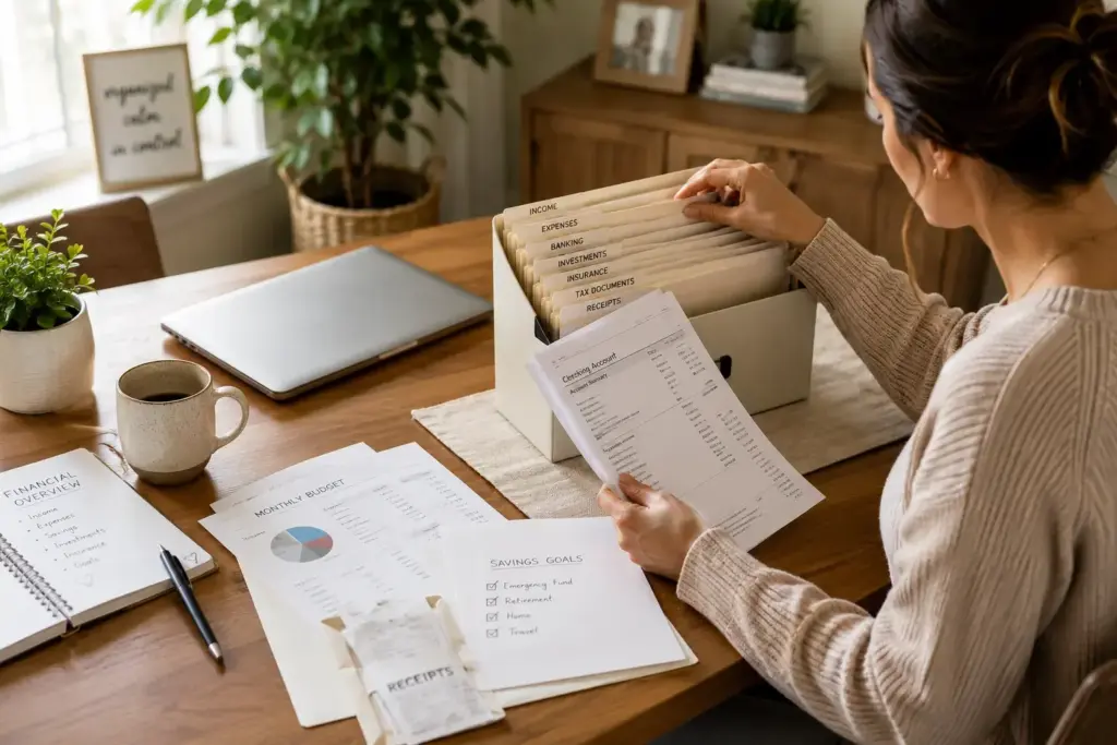 Person organizing financial records at a wooden desk, placing papers into a box with folders labeled Income, Expenses, Banking, Investments, etc.