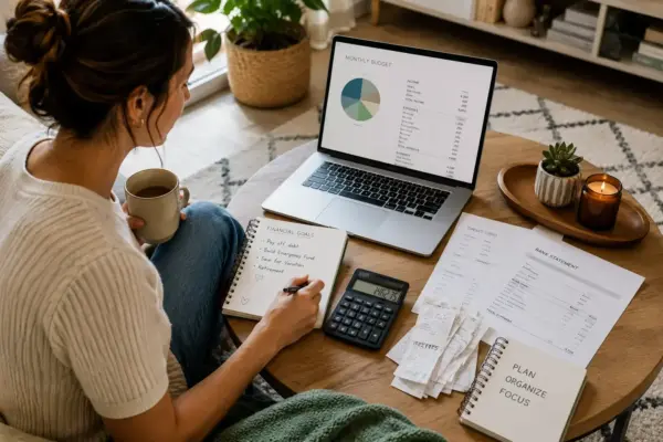 Person sits at a round coffee table, writing financial goals while a laptop shows a monthly budget chart, with receipts and a calculator nearby.