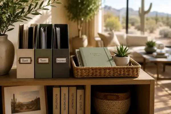 Organized desk with labeled binders for Bank, Taxes, Insurance and a green Financial Plan notebook in a woven tray