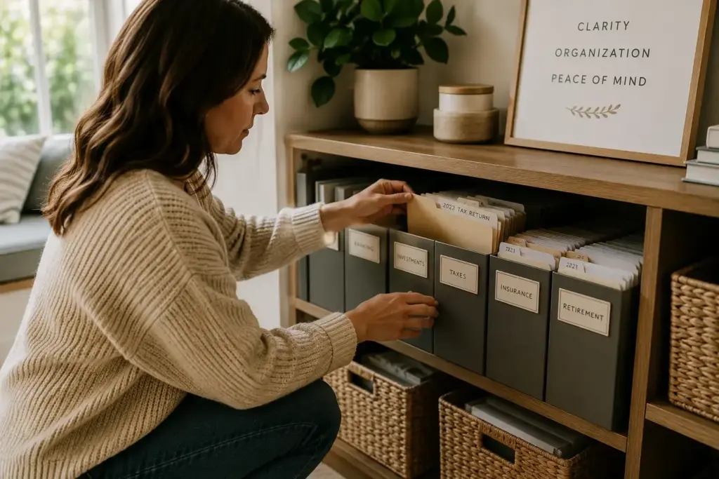 Woman in a beige sweater places a folder into a wooden filing unit with labeled boxes: Investments, Taxes, Insurance, Retirement.