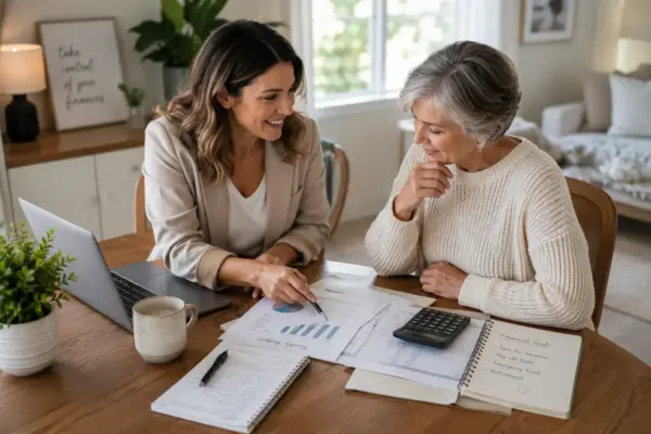 Two women at a wooden table reviewing financial documents and charts, with a laptop and a mug nearby.