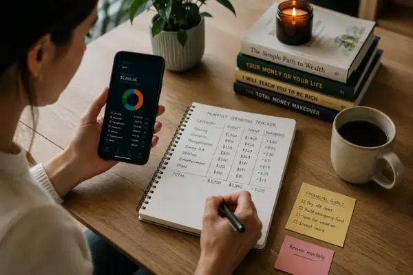 Person tracks finances on a smartphone while writing in a budgeting notebook; a coffee mug, plant, stacked books, and sticky notes sit on a wooden desk.