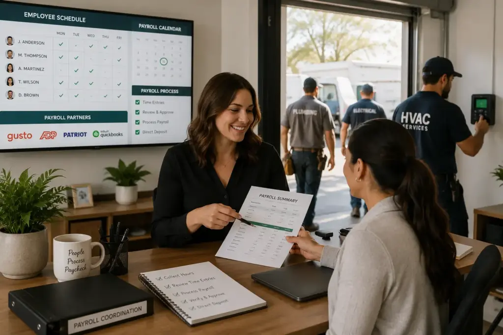Two women sit at a payroll desk exchanging a payroll summary document in a modern office with a large screen showing the employee schedule in the background.