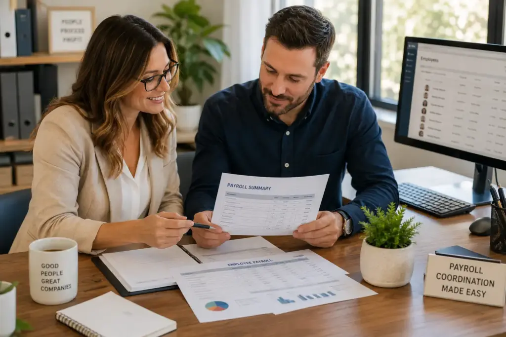 Two coworkers review a payroll document together at a desk, with an employee list visible on the monitor behind them.