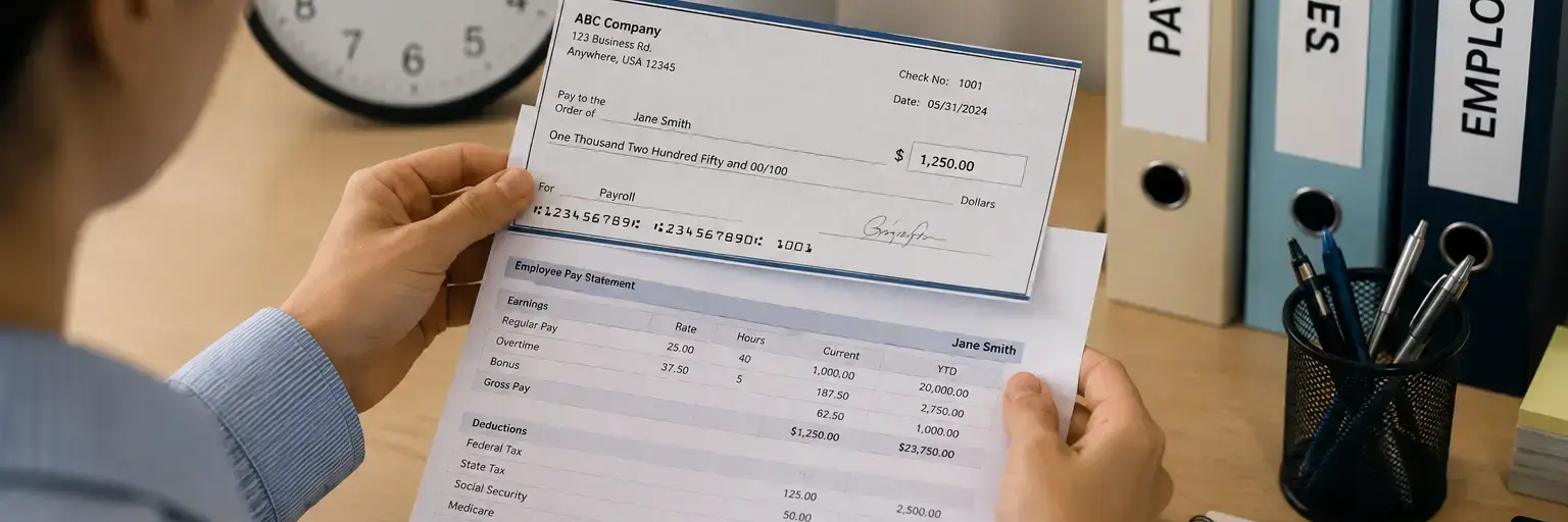 Person reviewing a payroll check and pay stub at a desk, with folders labeled PAYROLL, TAXES, EMPLOYEES in the background.