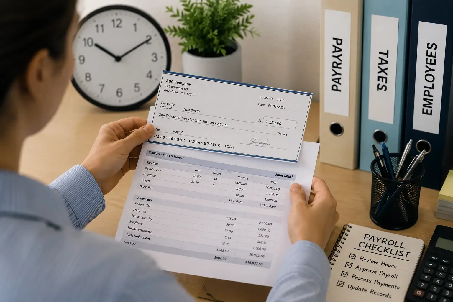 Person reviewing a payroll check and pay stub at a desk, with folders labeled PAYROLL, TAXES, EMPLOYEES in the background.