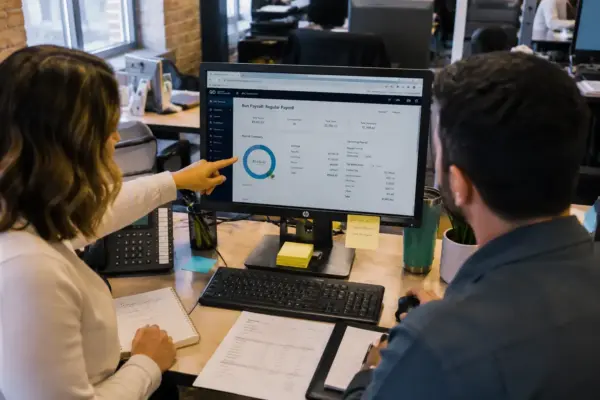 Two coworkers review a payroll dashboard on a desktop monitor in a bright office space and notebook nearby.