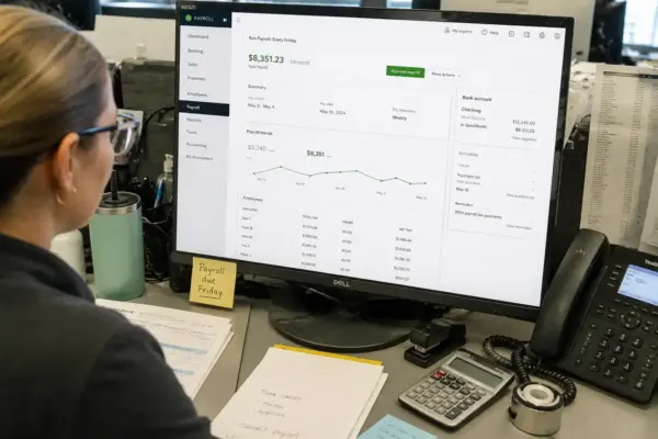 Person seated at a desk viewing a payroll dashboard on a Dell monitor, with a phone and notes nearby.