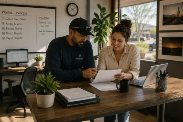 Two coworkers review documents at a wooden desk in a bright office, with a laptop, mug, and a whiteboard labeled 'Payroll Process' in the background.