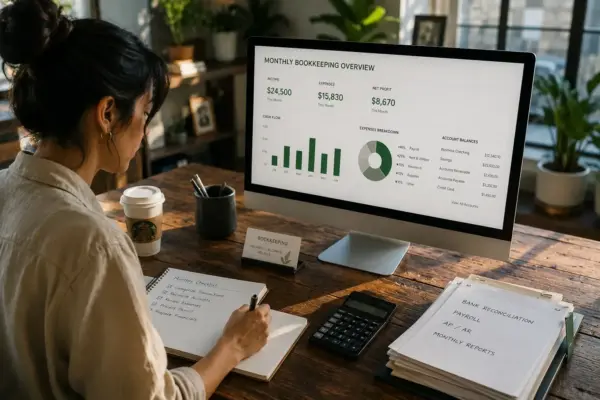 Person at a wooden desk writing in a notebook while a desktop monitor shows a monthly bookkeeping overview with charts and figures.