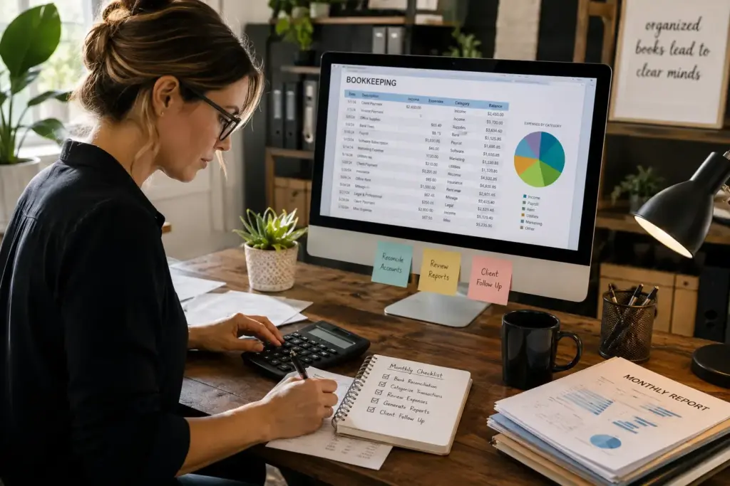 Woman with glasses typing at a wooden desk, monitoring a bookkeeping spreadsheet on a desktop monitor with sticky notes nearby.