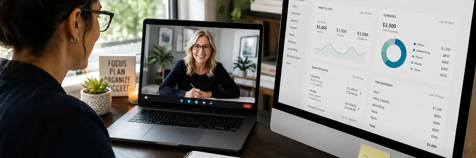 Desk setup with a person on a video call; laptop screen shows a smiling colleague, while a desktop monitor displays a bookkeeping dashboard with charts and numbers.