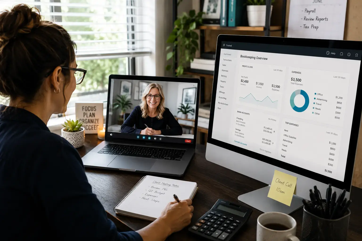 Desk setup with a person on a video call; laptop screen shows a smiling colleague, while a desktop monitor displays a bookkeeping dashboard with charts and numbers.