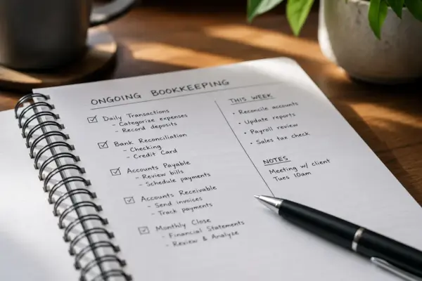 Spiral notebook open to an ongoing bookkeeping checklist with items like daily transactions and bank reconciliation, a pen nearby on a wooden desk.