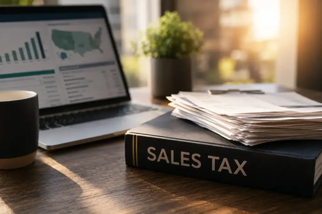 Binder labeled 'SALES TAX' with a stack of papers on a desk beside a laptop displaying charts and a coffee mug (tax/accounting work setup).