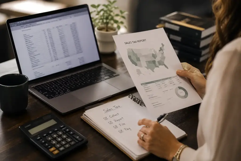 Person reviewing a 'Sales Tax Report' document with a United States map and charts at a desk with a laptop, notebook, and calculator.