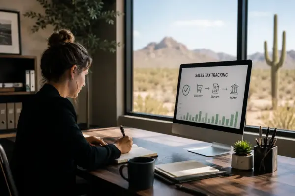 Woman at a desk writing in a notebook while a computer screen shows a 'SALES TAX TRACKING' workflow with icons for collect, report, remit and a bar chart in the background.