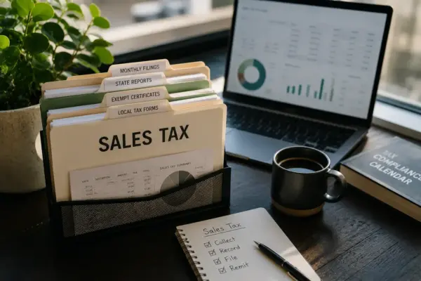 Desk setup for tax work: a 'SALES TAX' file organizer with labeled folders (Monthly Filings, State Reports, Exempt Certificates, Local Tax Forms). A notebook shows a Sales Tax checklist beside a coffee mug and laptop with charts in view.