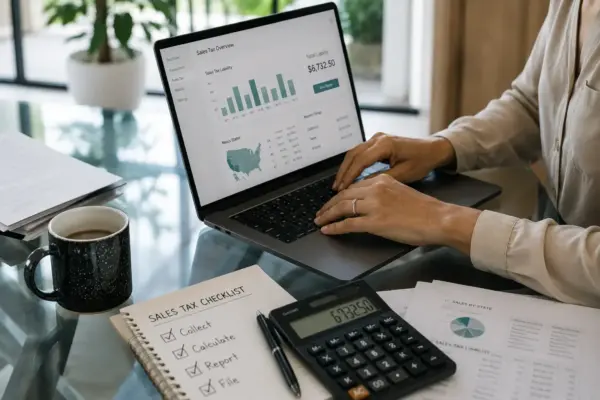 Person typing on a laptop showing a sales tax dashboard with charts, on a glass desk beside a coffee mug and documents