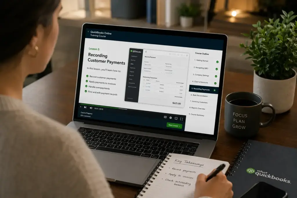 Person viewing a laptop screen displaying a QuickBooks Online training course with Lesson 5: Recording Customer Payments.