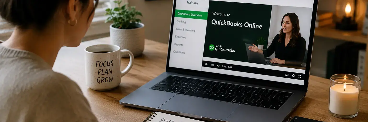 Person watching a QuickBooks Online training video on a laptop while taking notes at a wooden desk; mug reads 'FOCUS PLAN GROW' and a 'Notes' notebook is open nearby.