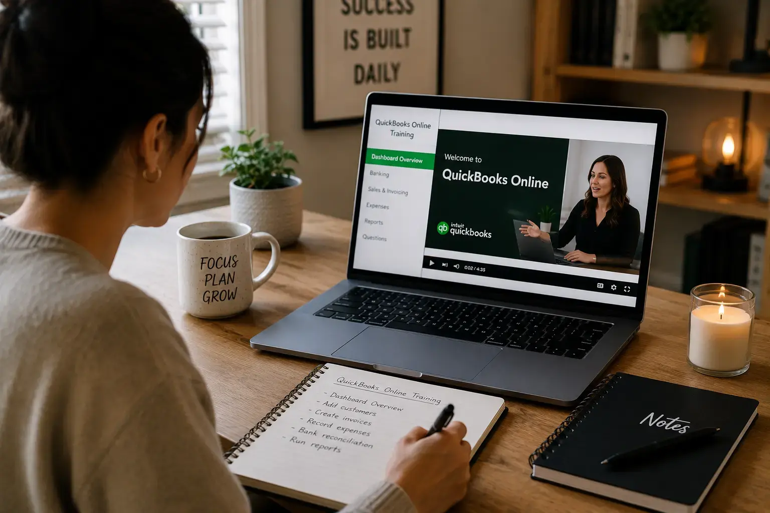 Person watching a QuickBooks Online training video on a laptop while taking notes at a wooden desk; mug reads 'FOCUS PLAN GROW' and a 'Notes' notebook is open nearby.