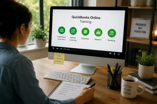 Person seated at a desk watching a QuickBooks Online Training video on a computer screen with six green icons (Dashboard, Invoicing, Expenses, Reports, Banking). Note on desk reads Learn Practice Grow.