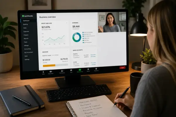 Person on a video call reviews a QuickBooks dashboard displayed on a computer monitor at a desk, with a notebook and pen in the foreground.
