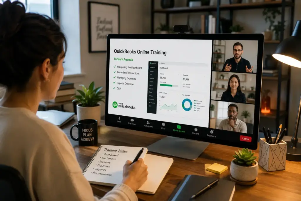 Person attending a Zoom meeting: sharing a QuickBooks Online Training slide on a monitor while taking notes at a desk with plants and a coffee mug nearby.