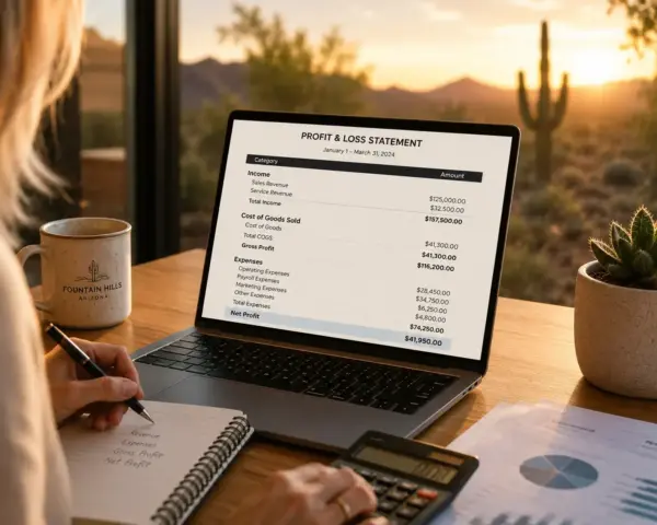 Laptop screen displays a Profit & Loss statement during a coffee-break at a sunlit desk, with a mug, notebook, and plant nearby.
