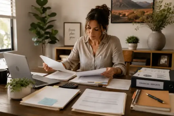Woman reviewing documents at a wooden desk with a laptop in a bright home office.