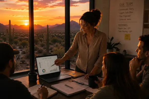 Team meeting at a glass-walled office during sunset; a woman points to a tablet with charts as colleagues listen with notebooks and mugs nearby.