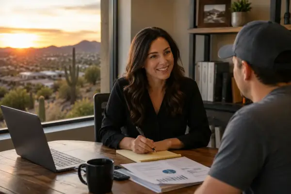 Woman in a black blouse smiles while taking notes at a wooden table during a meeting with a man; laptop, mug, and papers on the desk with a desert sunset outside the window.