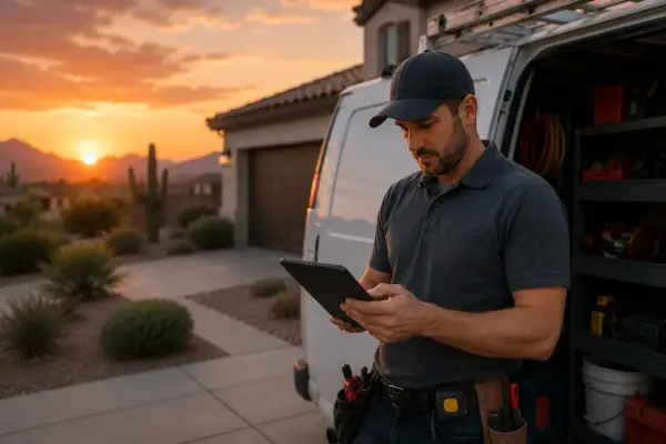 Handyman in a dark cap and polo shirt using a tablet beside a tool-filled van at sunset in a desert-style yard outside a house.