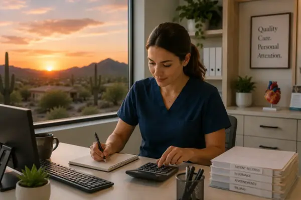 Healthcare professional in navy scrubs sits at a desk, writing in a notebook and using a calculator as sunset lights the desert landscape outside the window, with labeled patient files nearby.