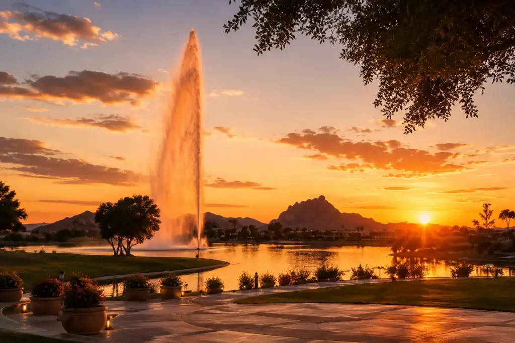 Sunset over a lake with a tall water fountain, trees and mountains silhouetted in the distance.