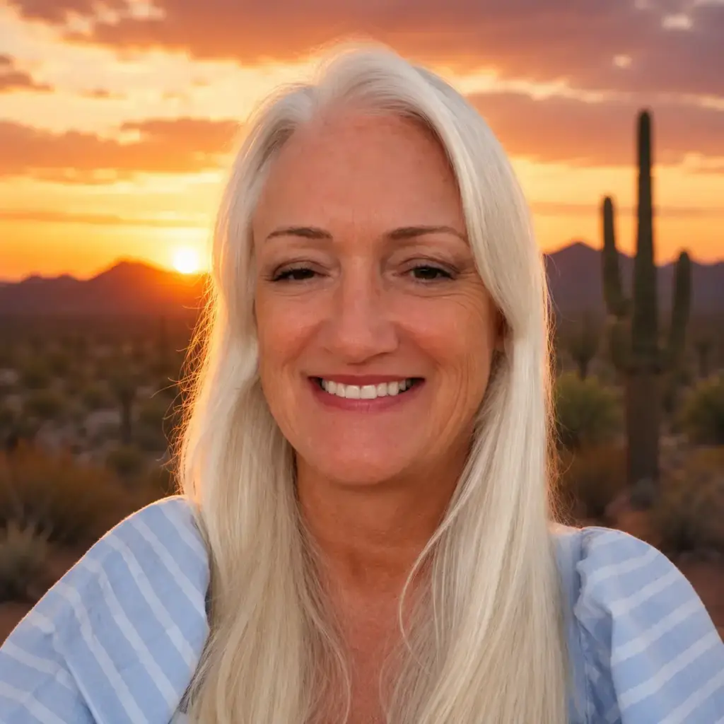 Smiling woman with long white hair takes a sunset selfie in a desert with cacti and mountains in the background.