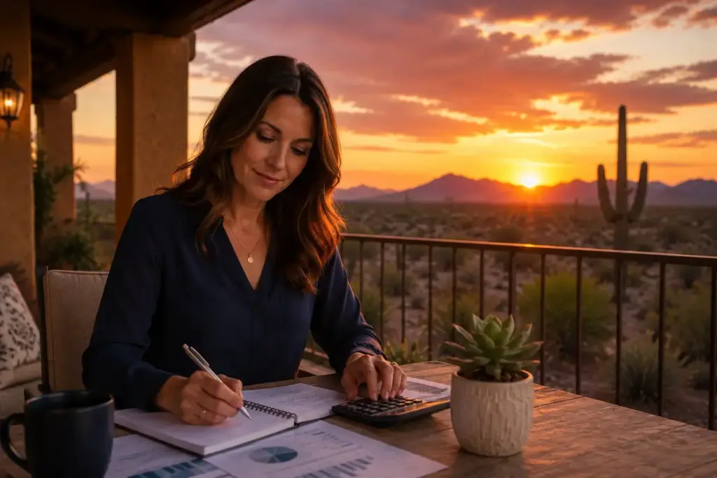 Woman in navy shirt writes in a notebook at sunset on a balcony, with a calculator nearby.
