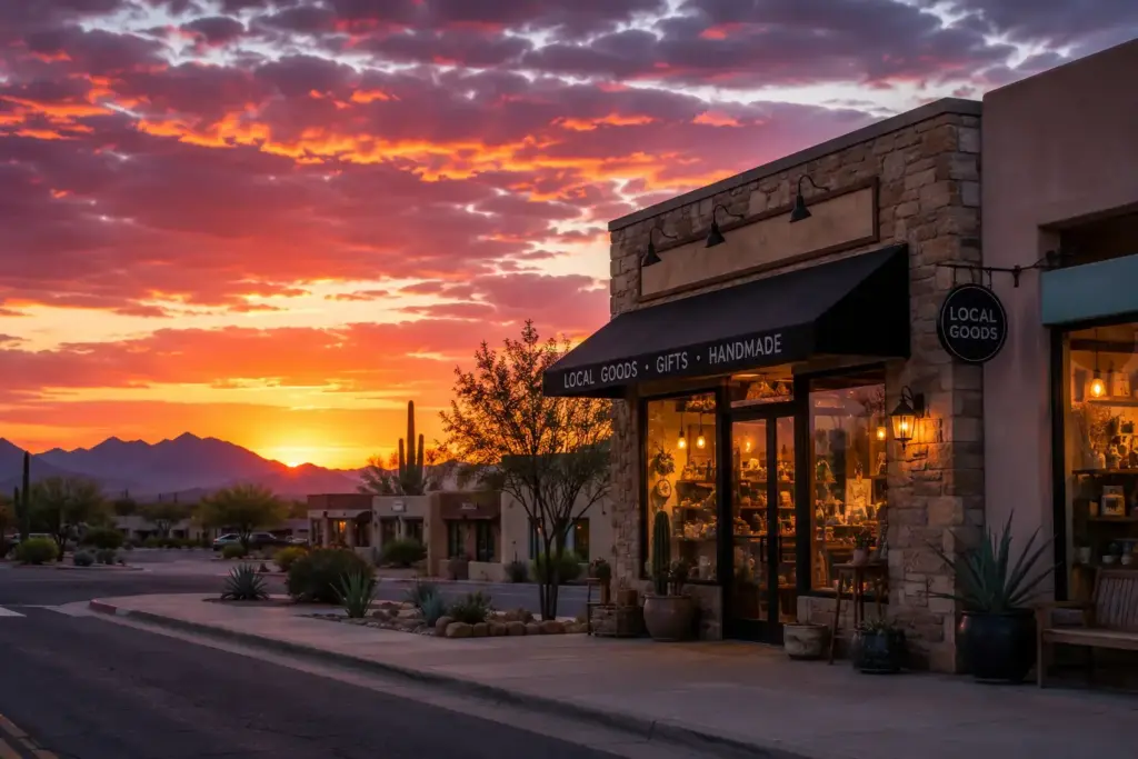 Sunset over a desert town with a stone storefront selling local goods and handmade gifts outside the shop.