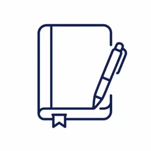 Line-drawn notebook with a pen resting on its page and a small bookmark ribbon at the bottom corner